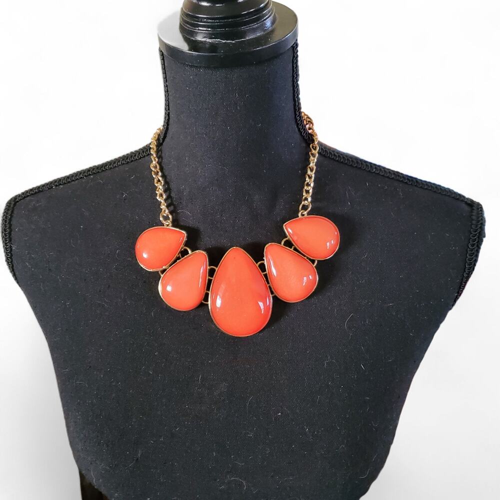 Vibrant peachy orange or coral teardrop lozenge statement necklace tropical
